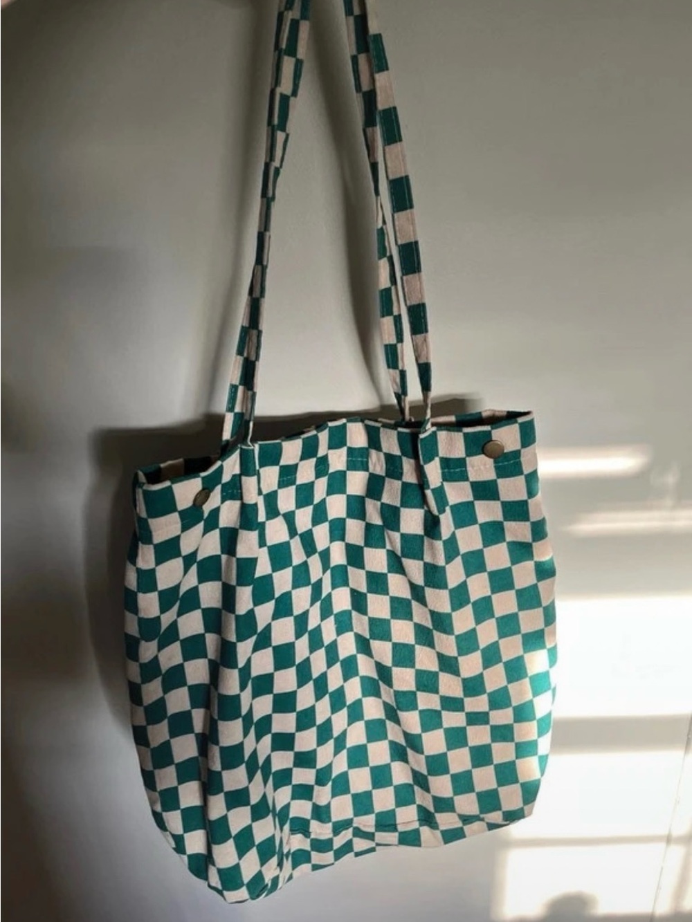Green and White Checkerboard Canvas Tote Bag - Casual Women’s Shoulder Bag